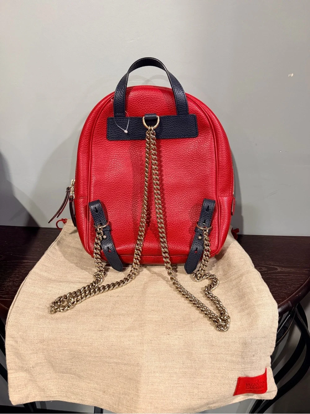 GUCCI *LIKE NEW* Red & Black Leather Mini Backpack & Gold Chain - W/ Dusty